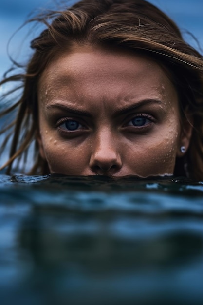 Uma foto em close-up de Karla Minnemann nadando na água