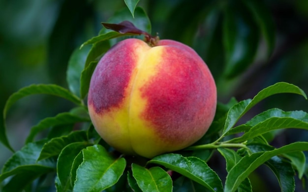 Uma foto em close-up de pêssego com alta resolução Fruta com cores vibrantes despertando o desejo