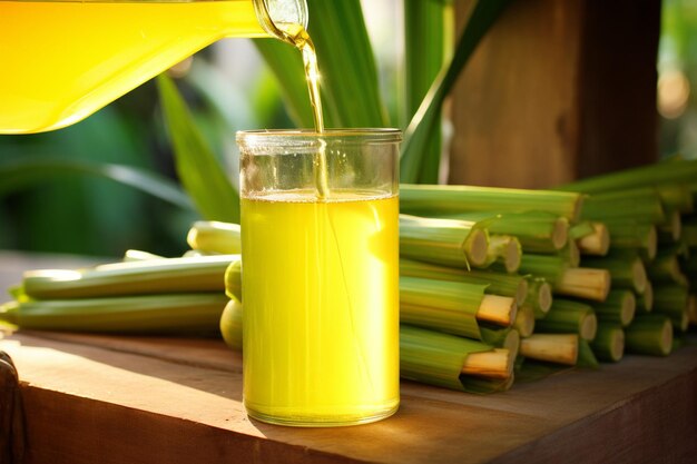 Foto uma foto em close-up de suco de cana-de-açúcar sendo derramado sobre gelo em um batedor de coquetéis