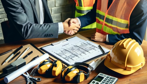 Uma foto em close-up de um aperto de mão profissional sobre planos de construção com equipamentos de trabalho ao redor