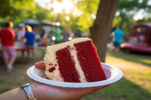 Uma foto em close-up de um bolo de veludo vermelho sendo molhado com molho de chocolate