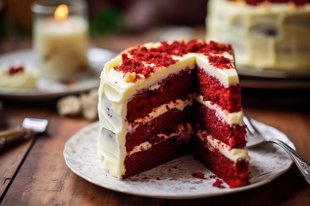 Uma foto em close-up de um bolo de veludo vermelho sendo molhado com molho de chocolate