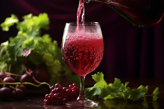 Uma foto em close-up de um copo de suco de beterraba com uma palha em espiral