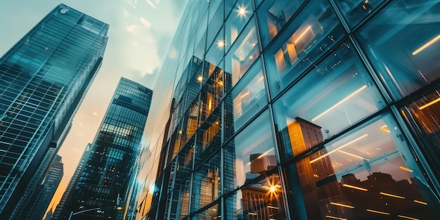 Uma foto em close-up de um edifício de escritórios de vidro refletindo a paisagem urbana circundante