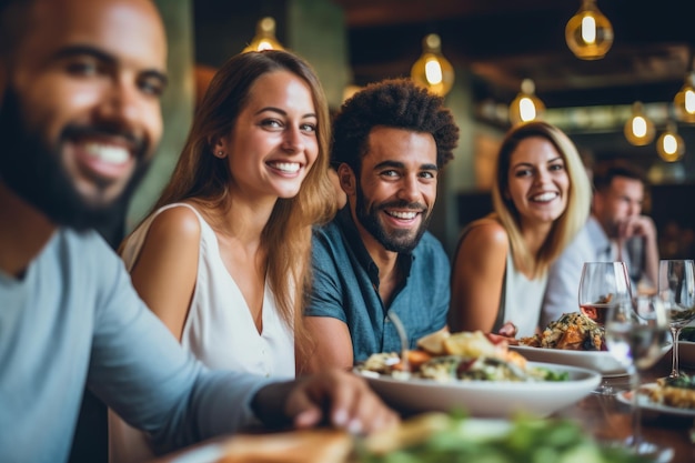 Uma foto em close-up de um grupo de amigos se divertindo juntos enquanto jantam no local AI gerativa