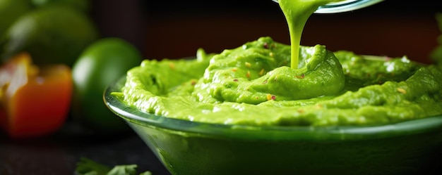 Uma foto em close-up de um molho picante verde vibrante escorrendo sobre uma tigela de guacamole recém-feito o