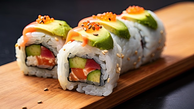 Foto uma foto em close-up de um rolo de sushi com salmão, abacate e pepino