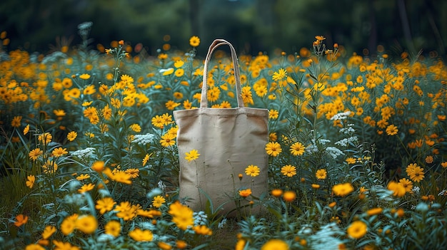 Uma foto em close-up de um saco de lona reutilizável adornado com desenhos inspirados na natureza enfatizando o