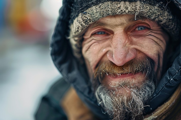 Uma foto em close-up de um sem-abrigo sorridente com gelo na barba