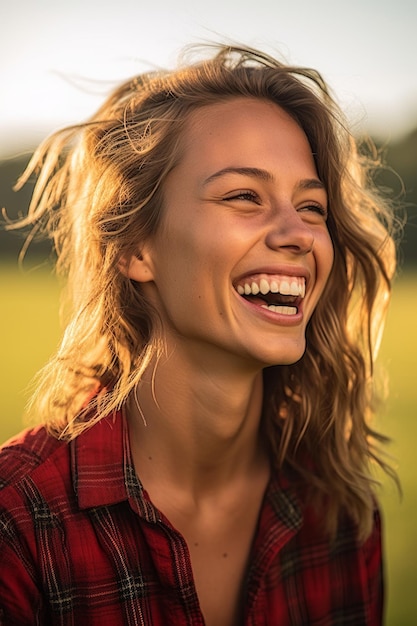 Foto uma foto em close-up de uma bela mulher rindo enquanto está de pé fora em um campo gramado