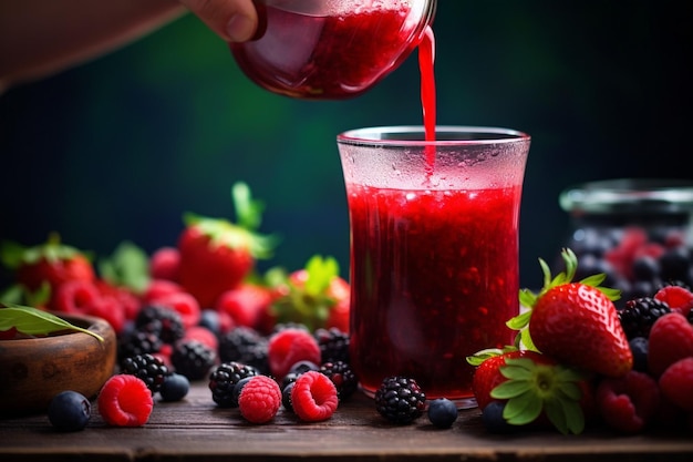 Foto uma foto em close-up de uma mão espremendo bagas frescas para extrair suco para uma mistura caseira