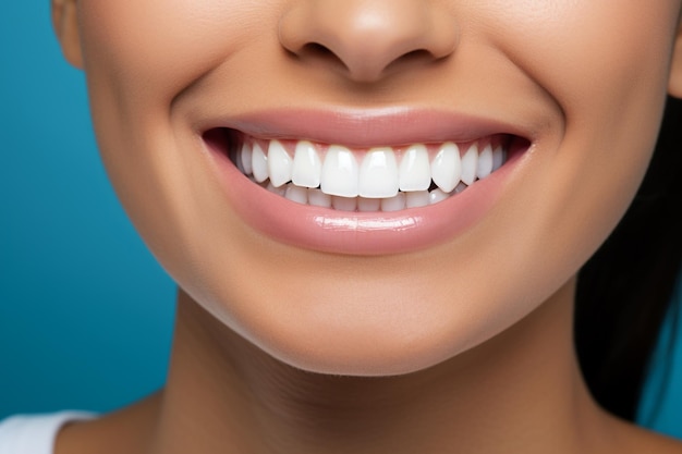 Uma foto em close-up de uma menina mostrando seus dentes