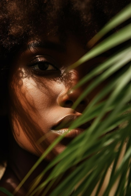 Uma foto em close-up de uma mulher negra com um afro completo olhando para a palmeira