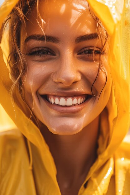 Uma foto em close-up de uma mulher sorrindo enquanto segura um top amarelo