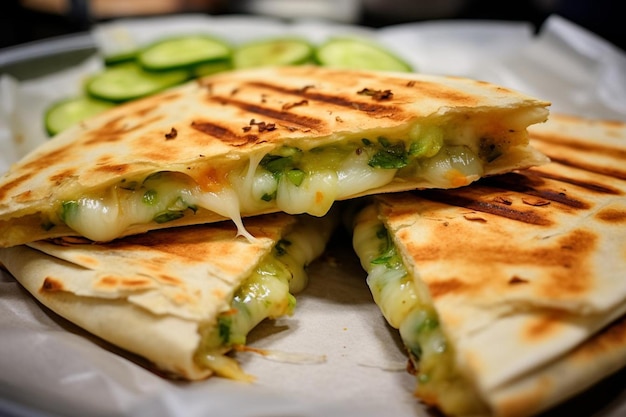 Uma foto em close-up de uma quesadilla sendo adornada com