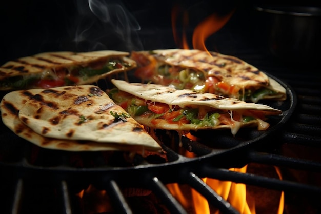 Uma foto em close-up de uma quesadilla sendo crocante para perfeição