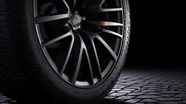 Foto uma foto em close-up de uma roda dianteira de carros esportivos e piso de pneu