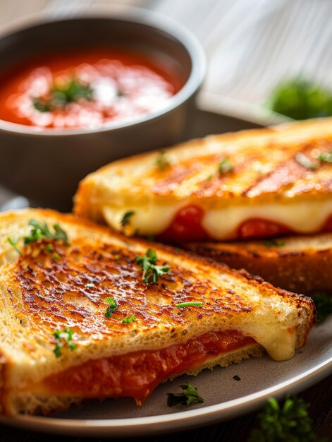 Uma foto em close-up de uma sanduíche de queijo grelhado cortada ao meio revelando queijo derretido e uma tigela de sopa de tomate em um prato branco