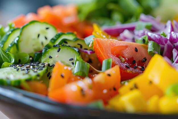 Uma foto em close-up de uma tigela de salada saudável e lindamente apresentada