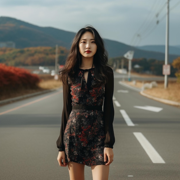 Uma foto em comprimento de uma mulher coreana vestindo um vestido aos 25 anos contra