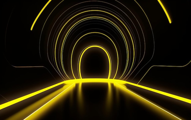 Uma foto em preto e amarelo de um túnel com uma luz acesa.