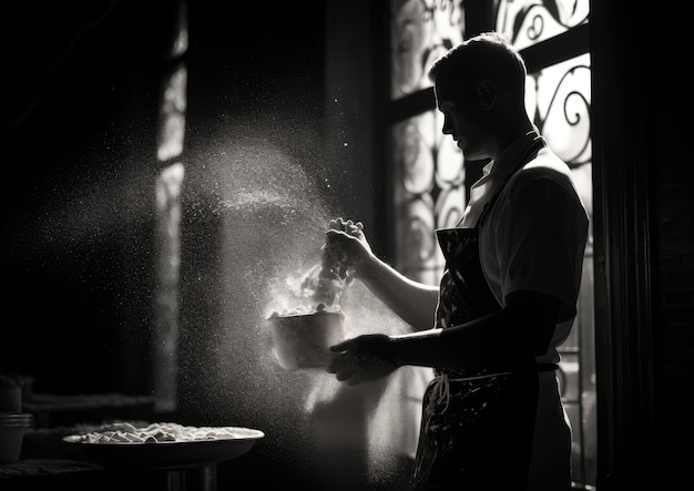 Uma foto em preto e branco da silhueta de um chef contra uma janela brilhante enquanto eles polvilham delicadamente