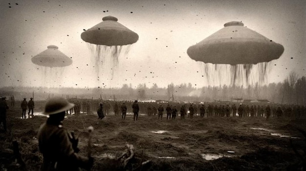 Uma foto em preto e branco de dois OVNIs voando sobre um campo.