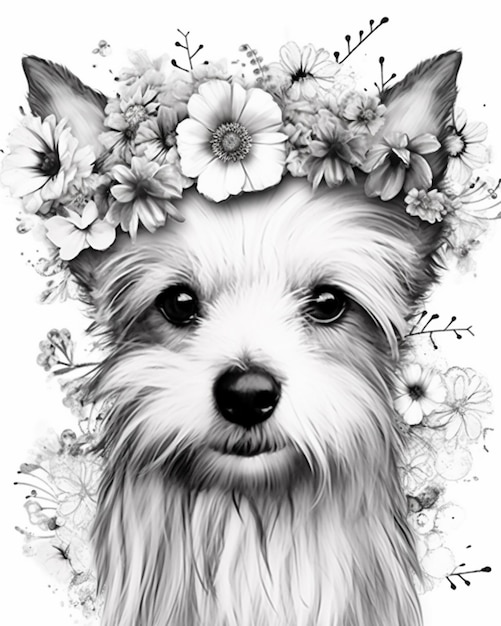 Uma foto em preto e branco de um cachorro com flores no cabelo gera IA