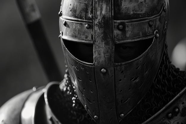 Foto uma foto em preto e branco de um cavaleiro em armadura adequada para projetos históricos e projetos com temas medievais