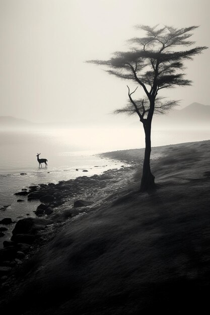 Foto uma foto em preto e branco de um cavalo e uma árvore