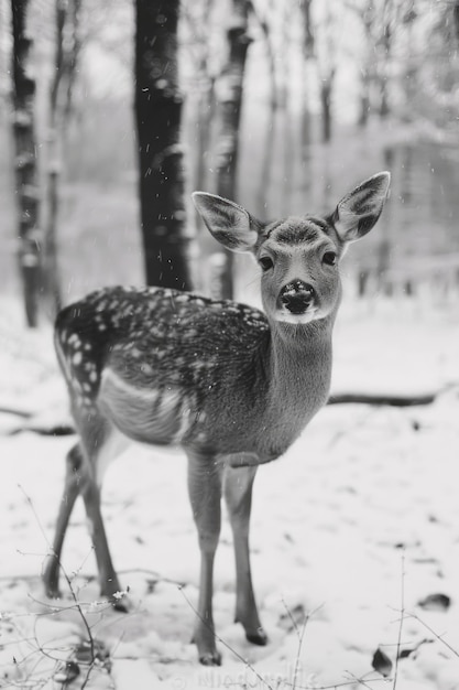 Foto uma foto em preto e branco de um cervo na neve