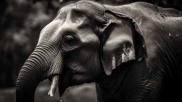 Uma foto em preto e branco de um elefante com a tromba enrolada.