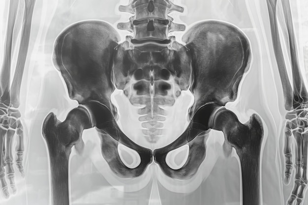 Uma foto em preto e branco de um esqueleto humano, raios-X detalhados dos quadris e da parte inferior das costas, gerados por IA