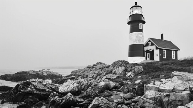 Uma foto em preto e branco de um farol nas rochas