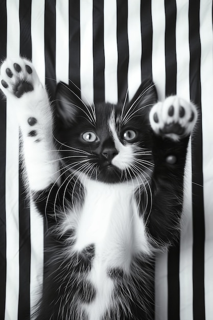 Uma foto em preto e branco de um gato com as patas erguidas
