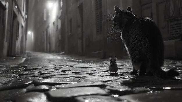 Uma foto em preto e branco de um gato e um rato em uma rua de paralelepípedos