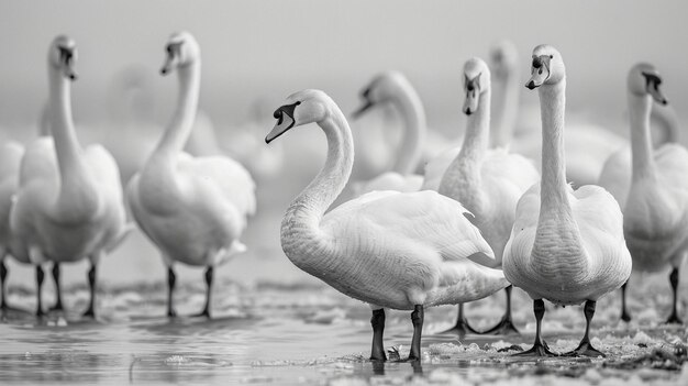 Foto uma foto em preto e branco de um grupo de cisnes