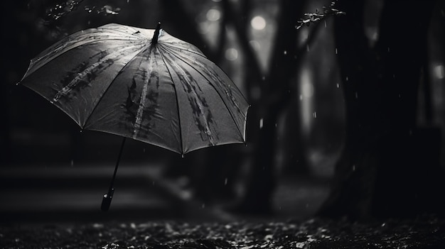 Uma foto em preto e branco de um guarda-chuva na chuva