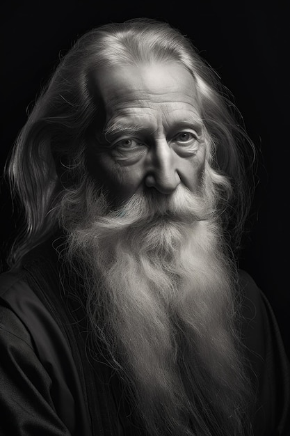 Uma foto em preto e branco de um homem com uma longa barba Imagem generativa de IA