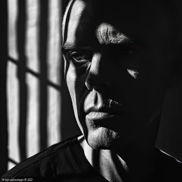 Uma foto em preto e branco de um homem olhando pela janela