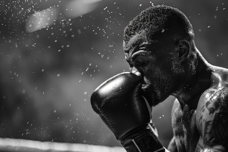 Foto uma foto em preto e branco de um homem usando luvas de boxe