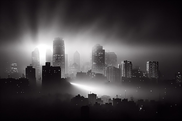 Uma foto em preto e branco de um horizonte da cidade no meio do nevoeiro com arranha-céus à distância e nevoeiro no ar com um céu escuro ao fundo e uma camada baixa de nevoeiro Generative AI