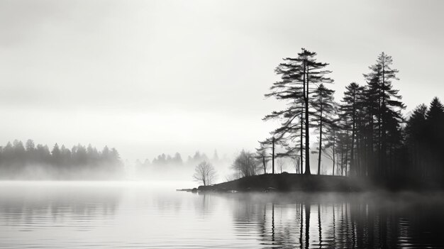 Uma foto em preto e branco de um lago com árvores