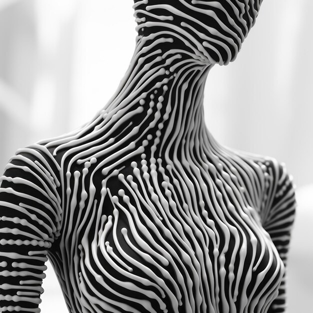 uma foto em preto e branco de um manequim com listras de zebra