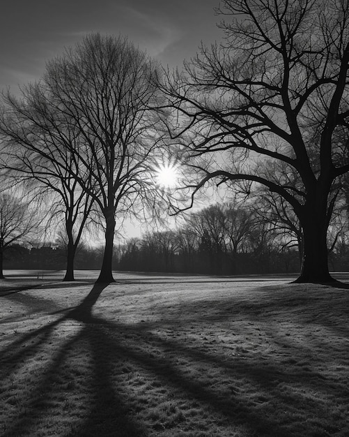 uma foto em preto e branco de um parque com árvores e um banco generativo ai