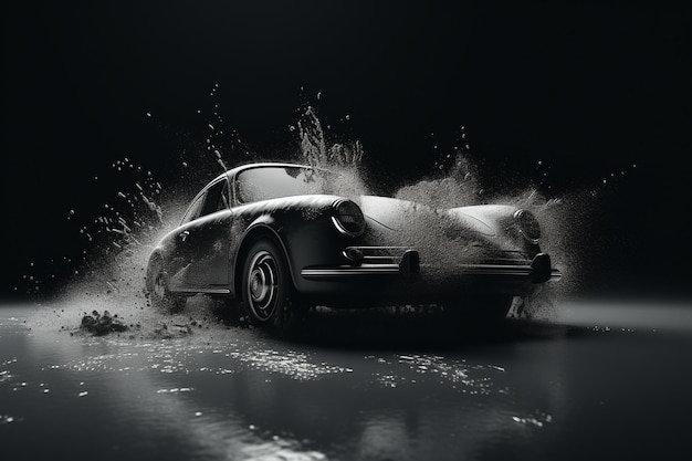 Uma foto em preto e branco de um Porsche com a palavra Porsche na lateral.