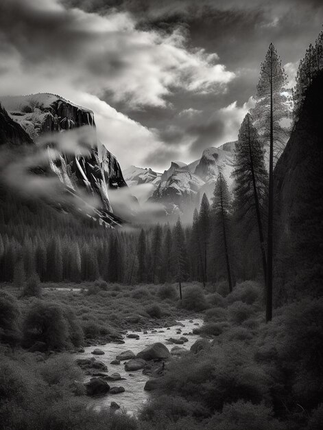 Uma foto em preto e branco de um rio com montanhas ao fundo.