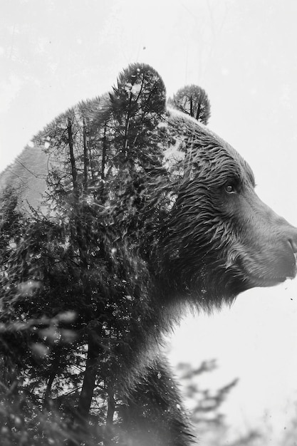 Foto uma foto em preto e branco de um urso com árvores ao fundo