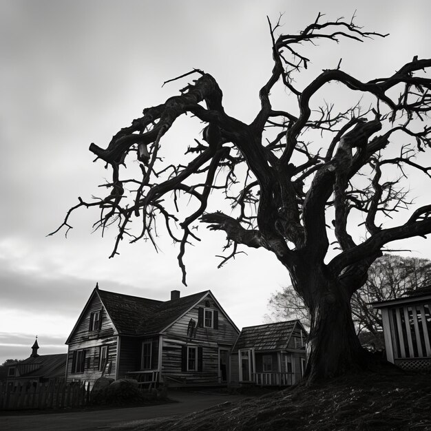 Foto uma foto em preto e branco de uma árvore morta na frente de uma casa