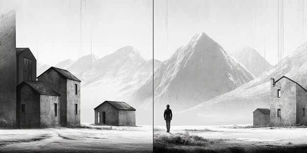 Uma foto em preto e branco de uma casa e um homem de pé em frente a uma montanha.